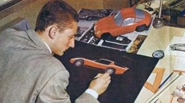 Ercole Spada of Zagato is drawing what looks like the Alfa Romeo Giulia TZ2 in the 1960s. Production was 1965–67, so this could be 1964–65.