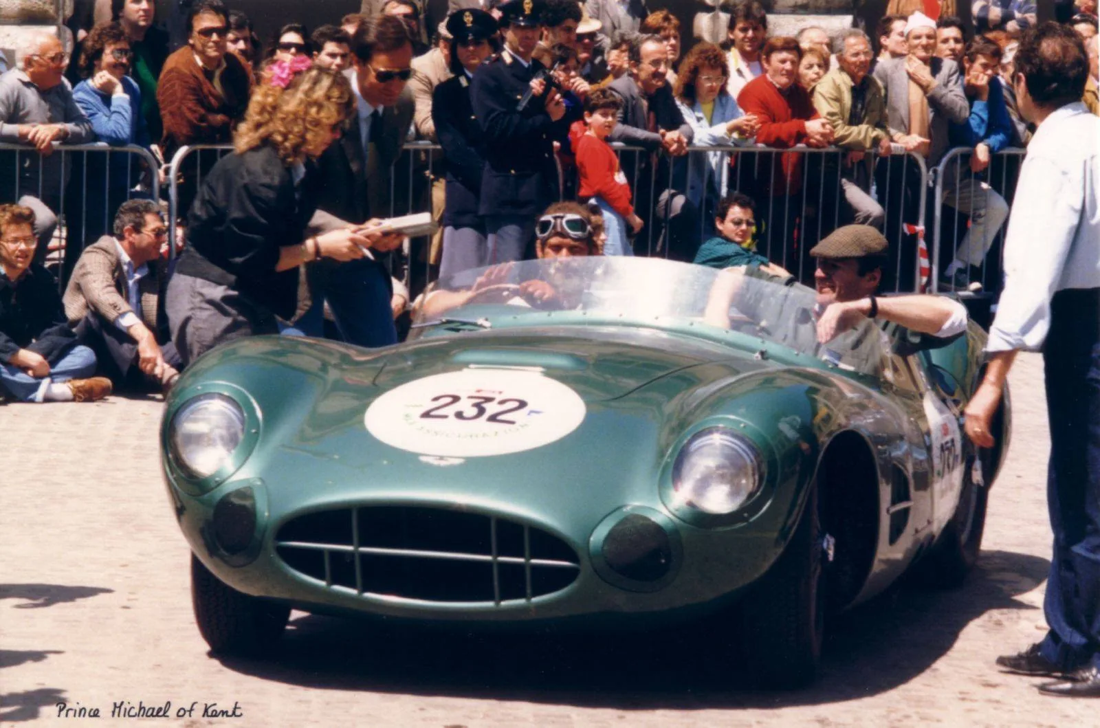 Aston Martin DBR2/1 at Mille Miglia in Piazza del Popolo in Pesaro, Marche, on the Adriatic coast of Italia. The race was 21 to 23 May 1987.