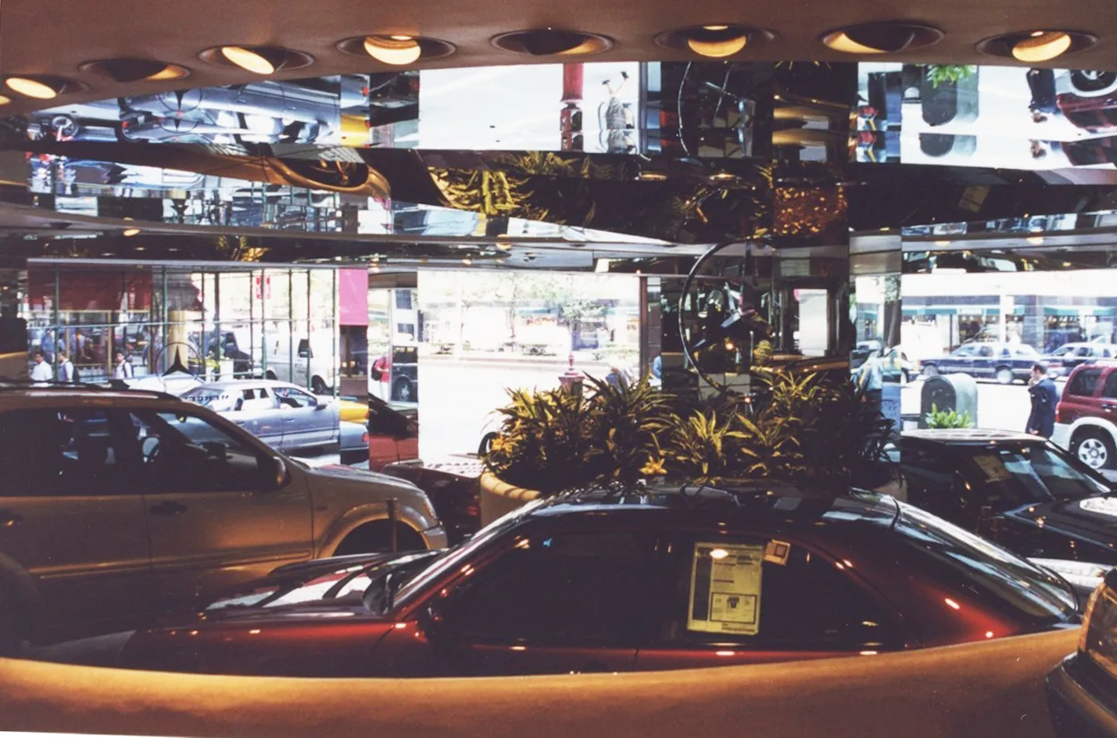 Interior of the Hoffman Auto Showroom, 1999, illustrating the spiral display. The mirrored surfaces were not part of the original design, an