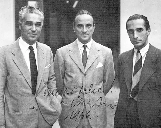 From left: Piero Taruffi, Piero Dusio and Giovanni Savonuzzi, of the italian Cisitalia automaker (established 1946 by Dusio with Taruffi). W