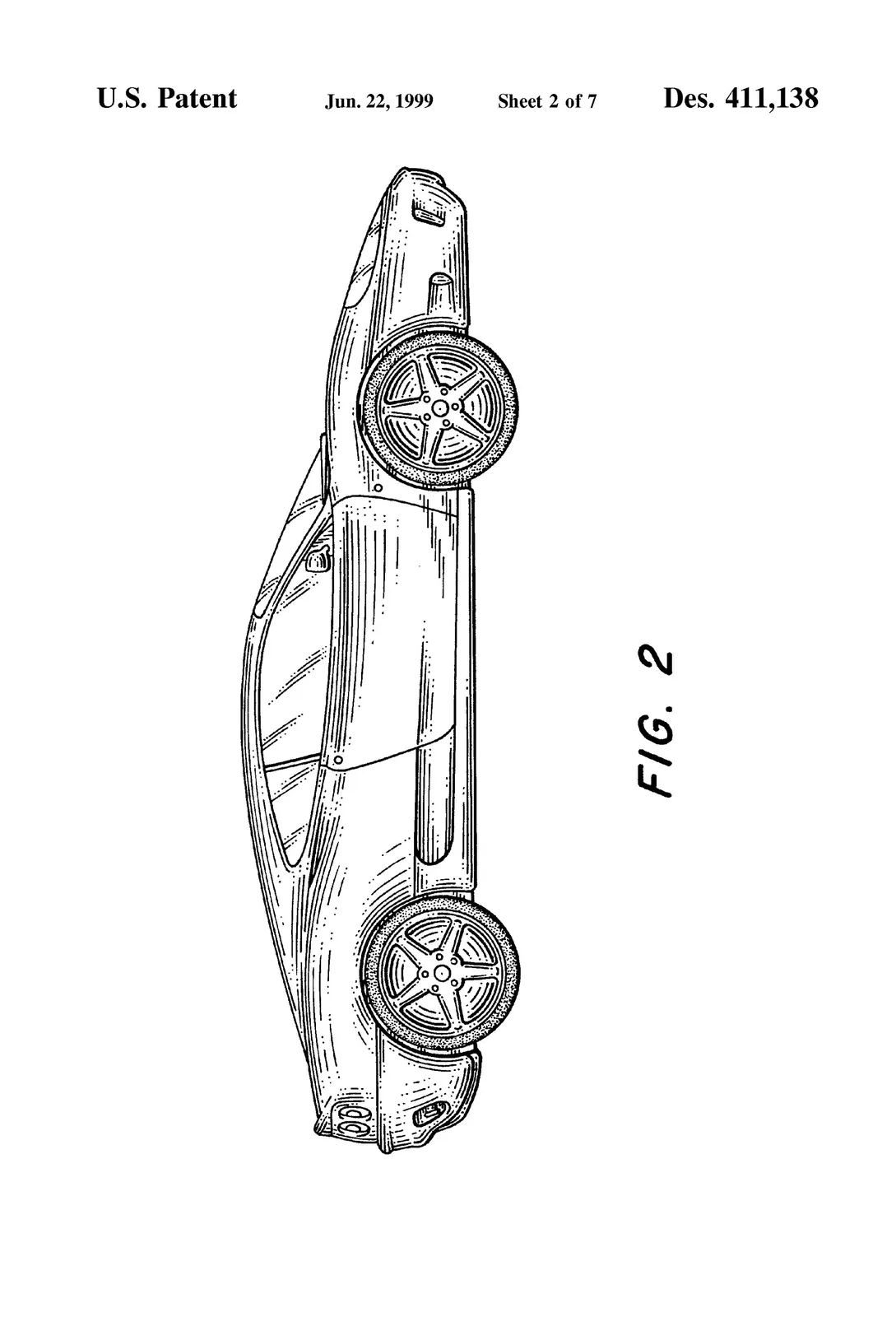 Official US design patent drawing of the Ferrari 360 Modena – side‑elevation (Fig. 2) from US Design Patent D411,138, filed 23 Oct 1997 and