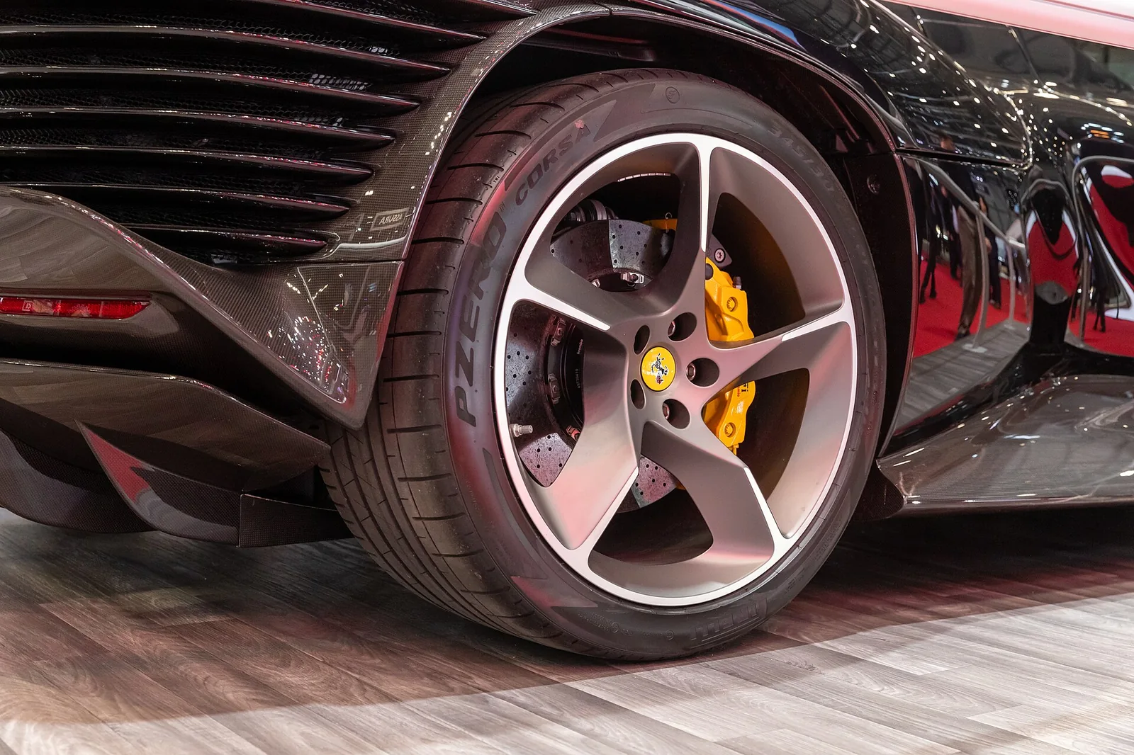 Rear wheel of a Ferrari Daytona SP3 at Geneva International Motor Show 2024