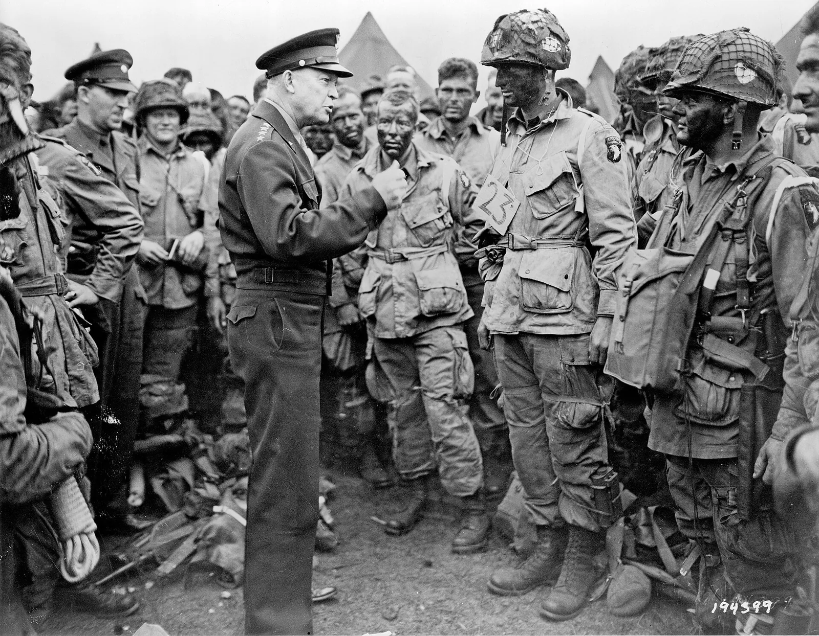 General Dwight D. Eisenhower addresses American paratroopers prior to D-Day.
"Gen. Dwight D. Eisenhower gives the order of the Day. 'Full vi