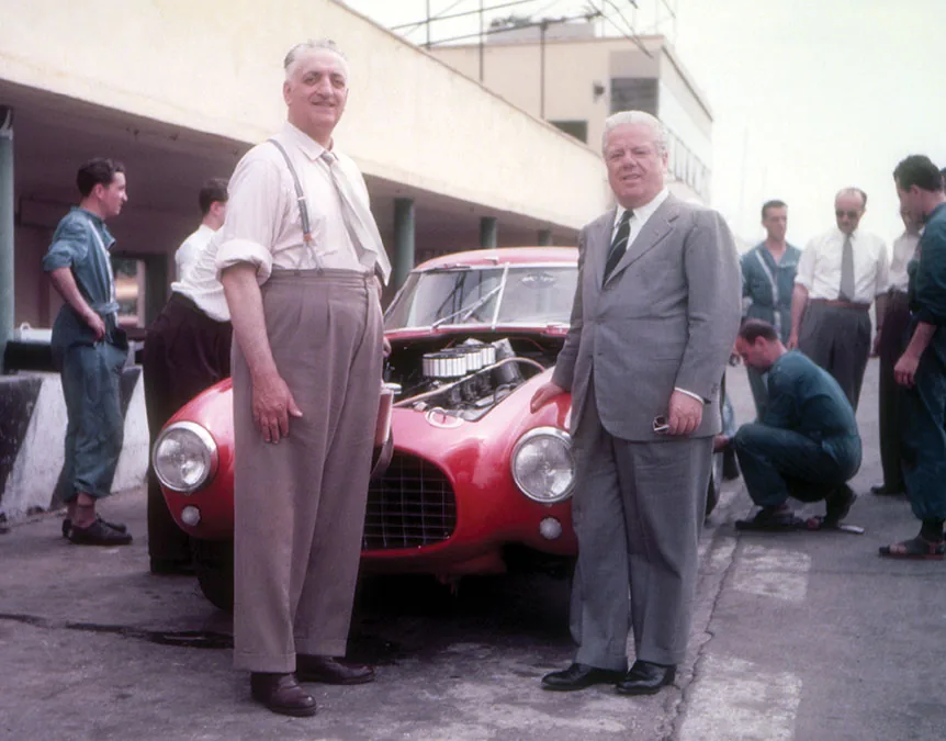 Enzo Ferrari and Battista Farina, with Ferrari, probably Ferrari 340 s/n 0318 AM. Time is around 1952/3. Probably same car that Ascari rea