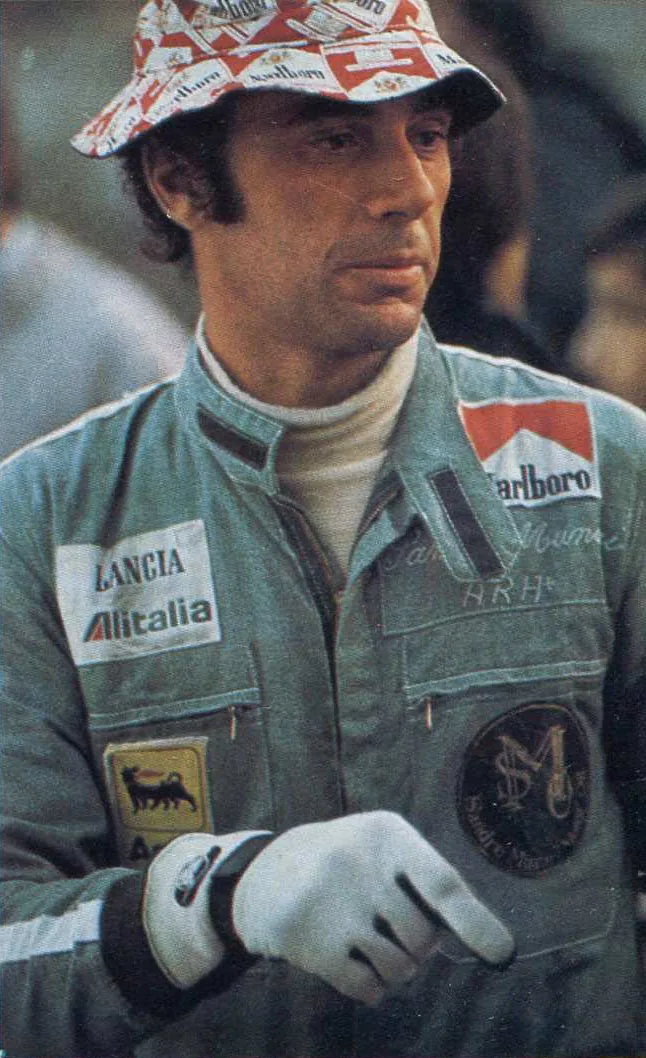Italian driver Sandro Munari of Lancia Alitalia after his retirement at the 1975 Rallye Sanremo.