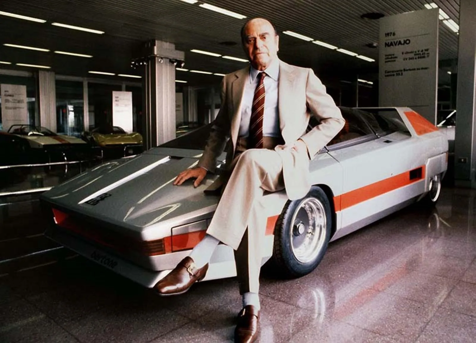 Nuccio Bertone sitting on the Alfa Romeo Navajo from 1976.