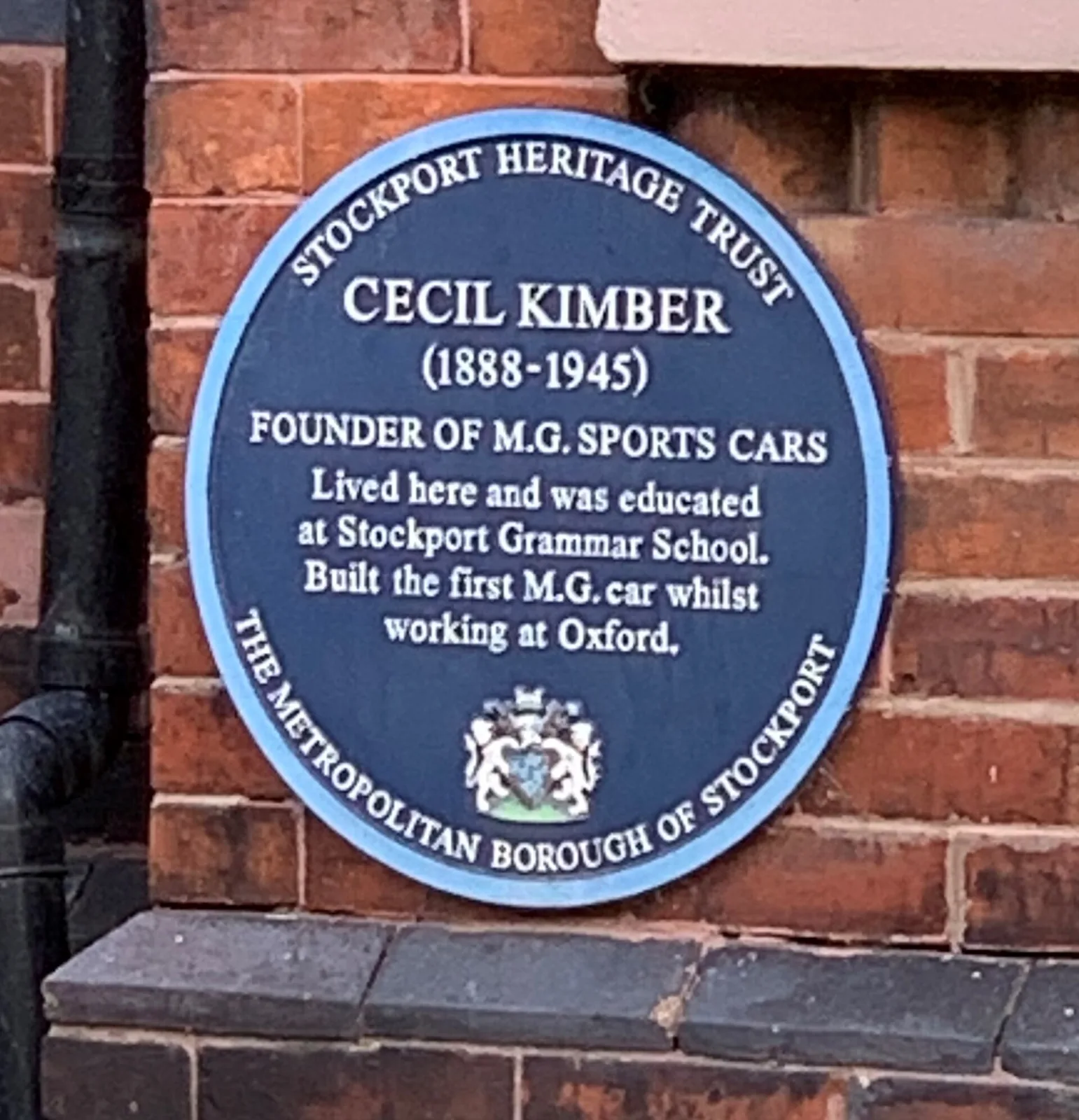 Blue plaque on the house at 26 Shaw Road, Heaton Moor, Stockport, where Cecil Kimber lived while attending Stockport Grammar School
