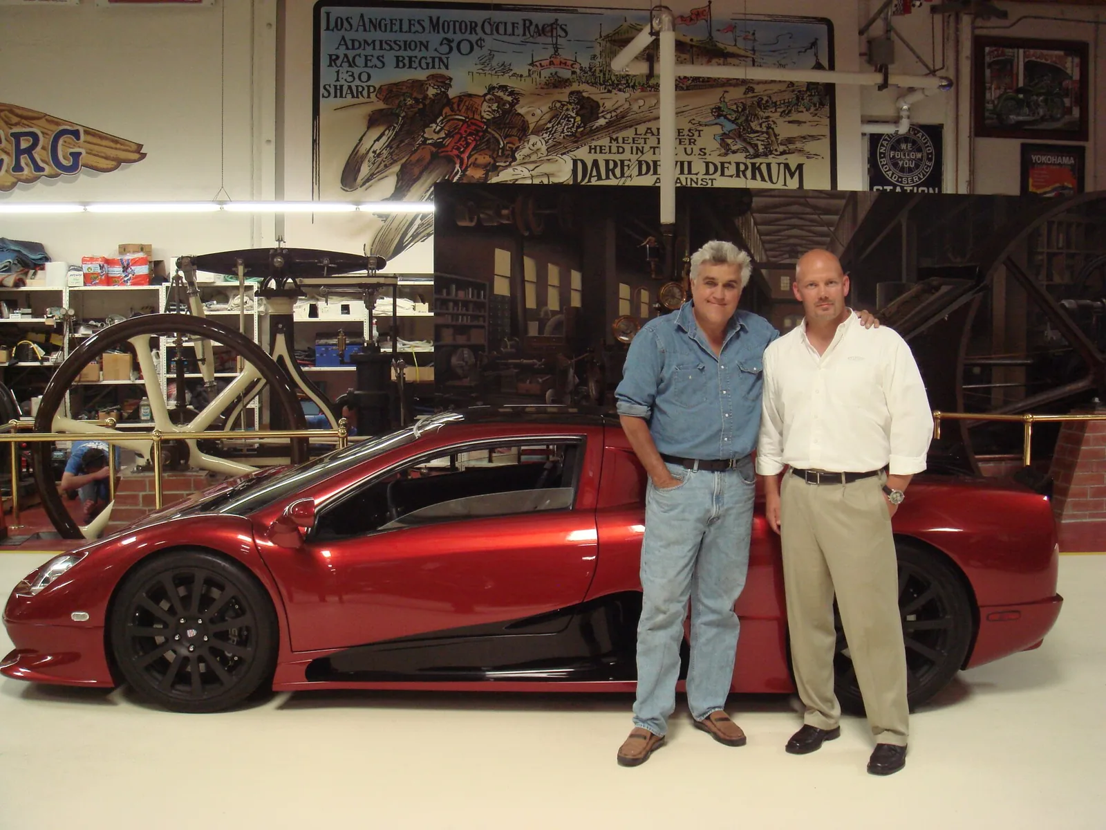 Jay Leno and Jerod Shelby on the set of "Jay Leno's Garage" in front of the SSC Ultimate Aero that was featured on an episode.