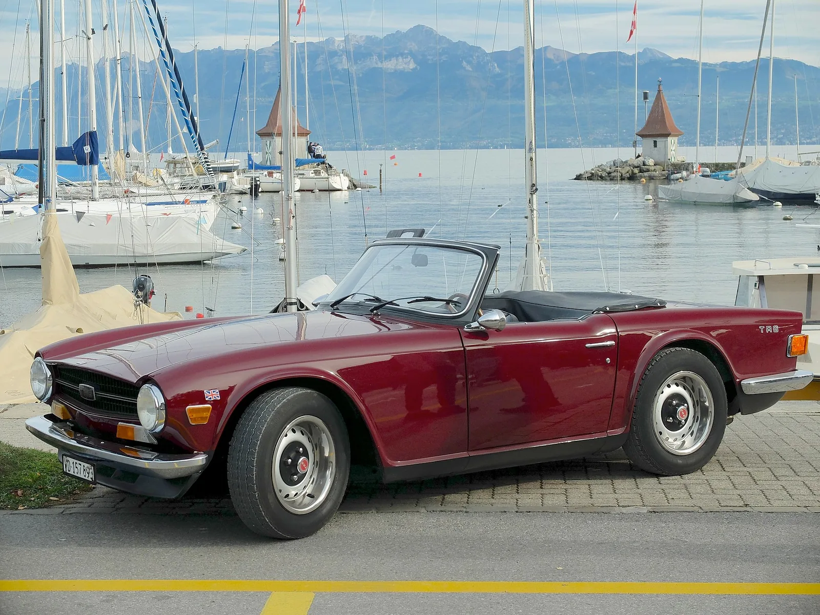 A Triumph TR6 photographed in Morges harbour by Lake Geneva, during the 2017 Swiss Classic British car meeting.